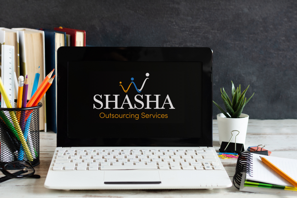 a laptop screen with a text that say Shasha Outsourcing